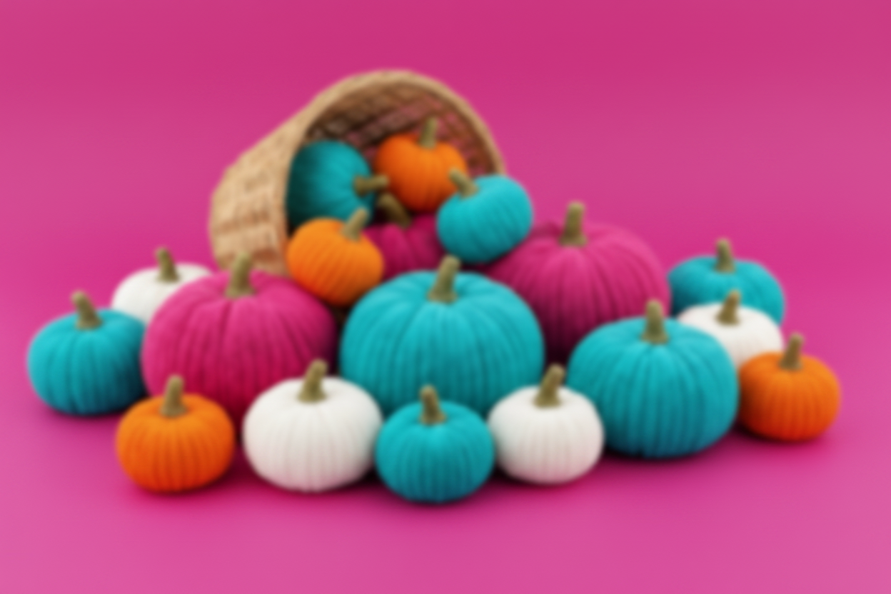 A group of knitted decorative pumpkins in bright teal, magenta, orange, and white, with a wicker basket tipped over behind them on a clean white background.